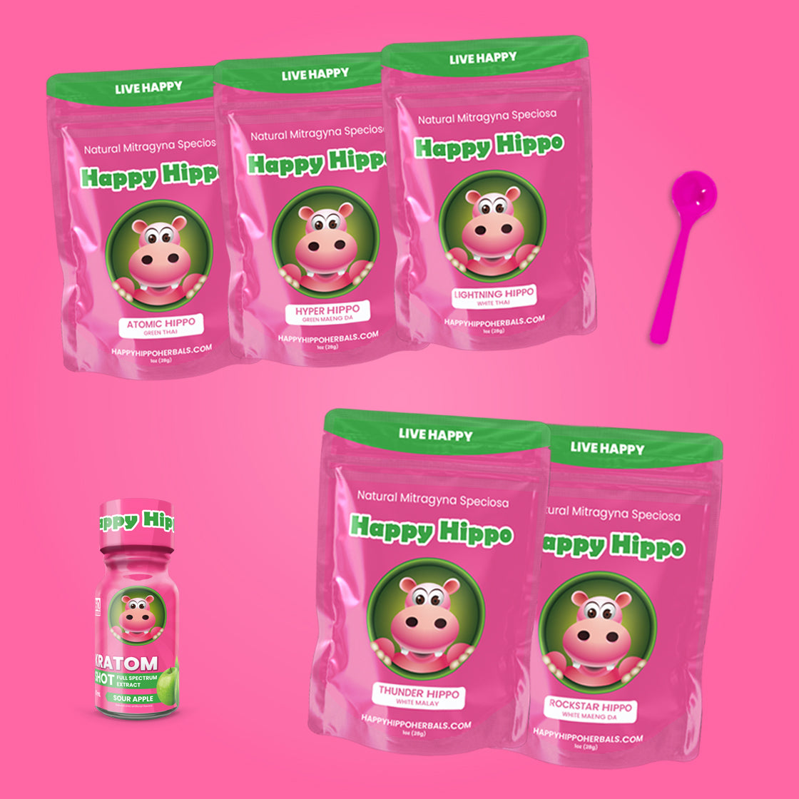 Featured image depicting product renders of  the Fast Speed Kratom Strain Bundle, which includes; Green Thai, Green Maeng Da, White Thai, White Malay, and White Maeng Da kratom strains, on a pink background. A single Sour Apple Flavor, Kratom Extract Shot (K-Shot), and a 1-gram, little pink measuring scoop sit next to the products.