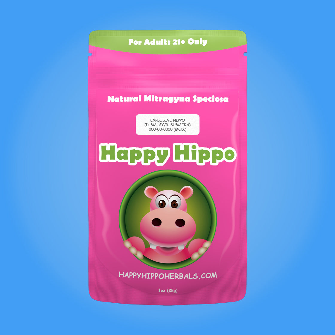 Product Image depicting a 1oz bag of Happy Hippo Blended Malay and Red Vein Sumatra Kratom Powder (Mitragyna Speciosa).