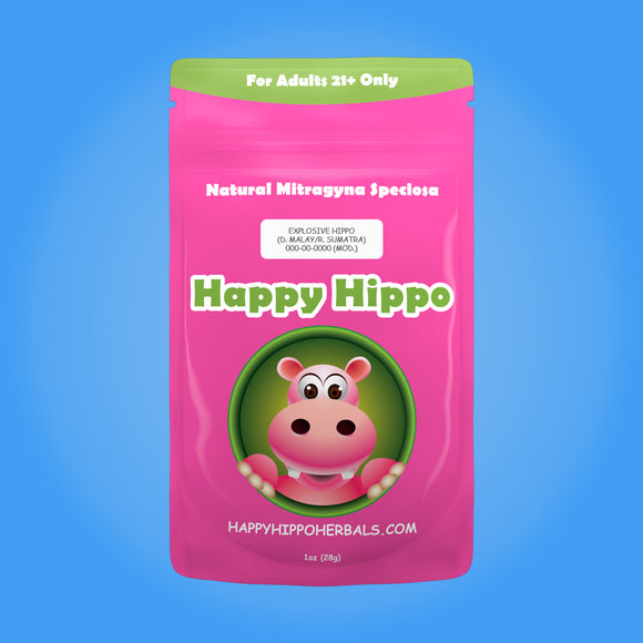 Product Image depicting a 1oz bag of Happy Hippo Blended Malay and Red Vein Sumatra Kratom Powder (Mitragyna Speciosa).