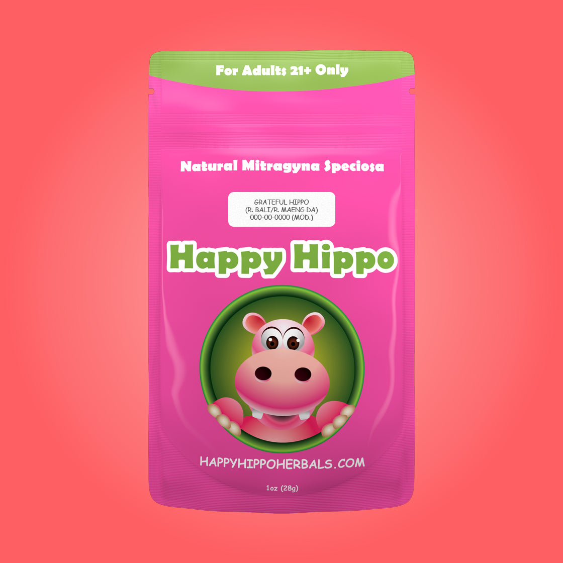 Product Image depicting a 1oz bag of Happy Hippo Red Maeng Da and Red Bali Blended Kratom Powder (Mitragyna Speciosa).