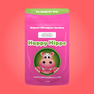 Product Image depicting a 1oz bag of Happy Hippo Red Maeng Da and Red Bali Blended Kratom Powder (Mitragyna Speciosa).