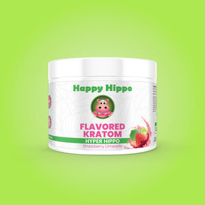 Featured image depicting a 90-gram plastic canister of Happy Hippo branded (Strawberry Limeade) Flavored Kratom Green Maeng Da (Hyper Hippo) Kratom Powder