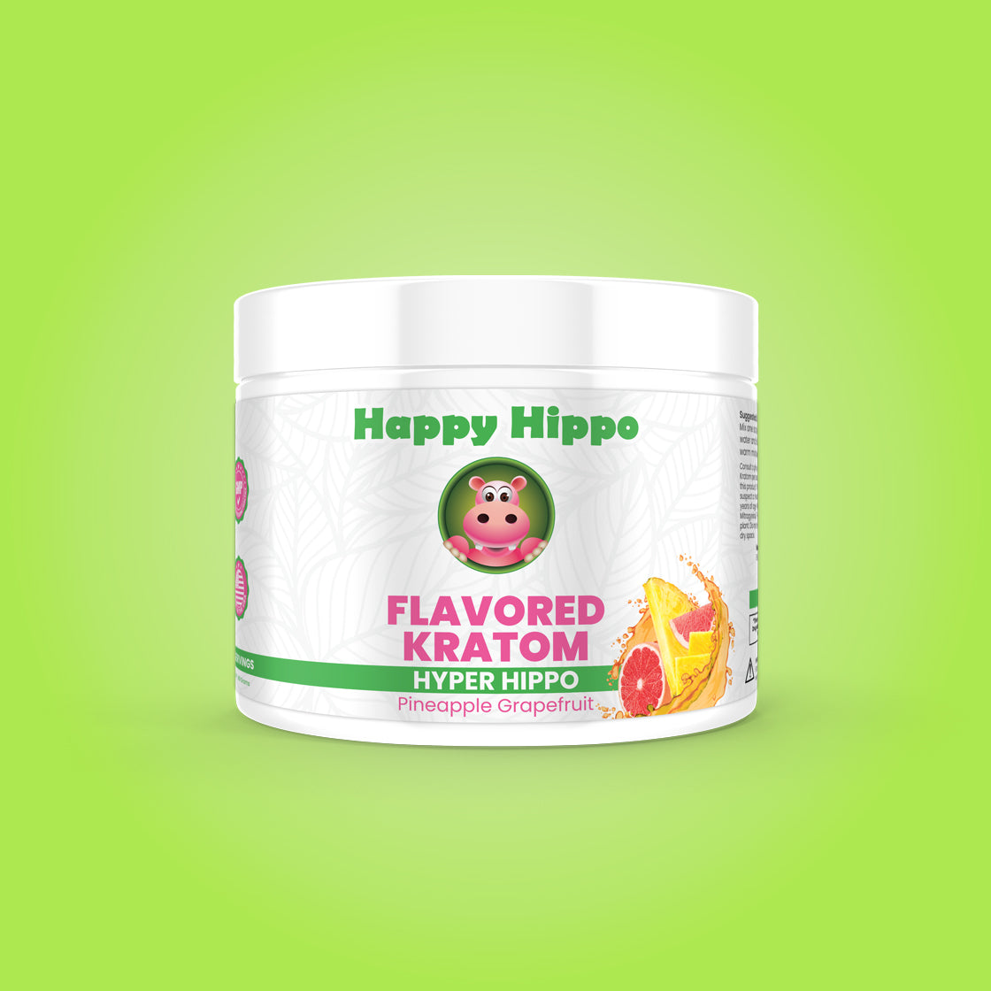 Featured image depicting a 90-gram plastic canister of Happy Hippo branded (Pineapple Grapefruit) Flavored Kratom Green Maeng Da (Hyper Hippo) Kratom Powder