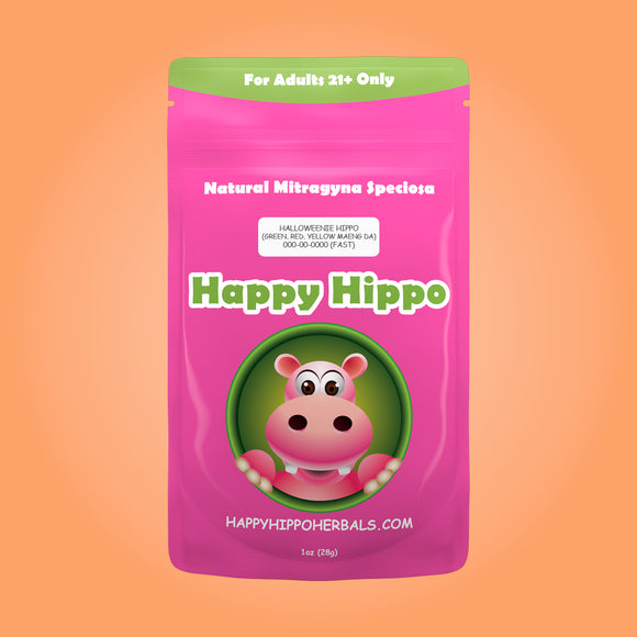 Product Image depicting a 1oz bag of Happy Hippo Blended Green Maeng Da, Red Maeng Da and Yellow Vein Maeng Da Kratom Powder (Mitragyna Speciosa).