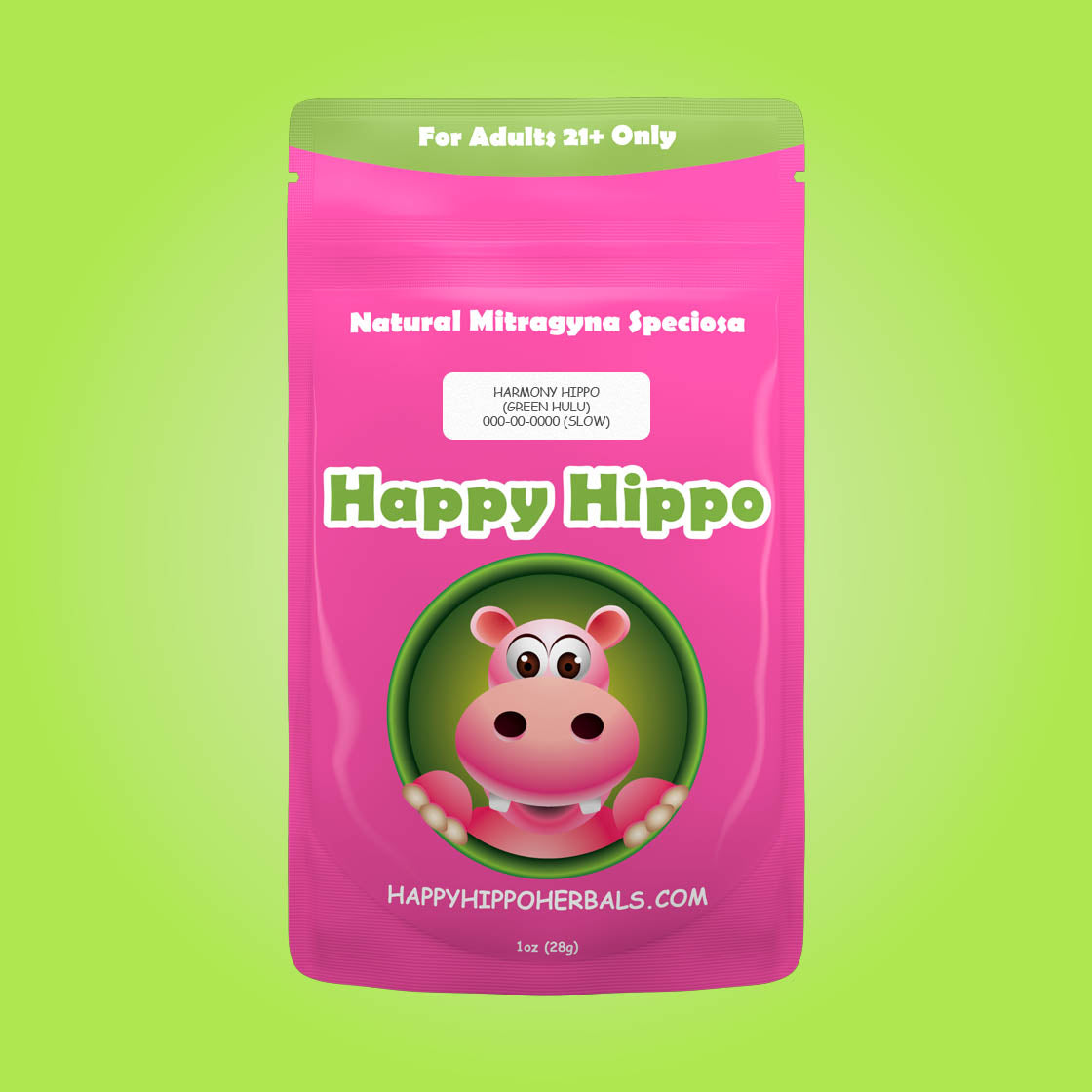 Product Image depicting a 1oz bag of Happy Hippo Green Vein Hulu Kratom Powder (Mitragyna Speciosa).