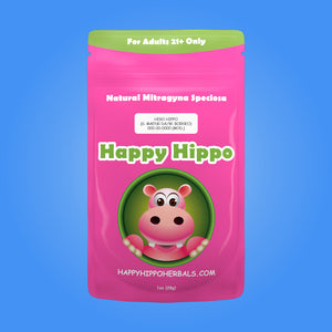 Product Image depicting a 1oz bag of Happy Hippo Blended Green Maeng Da and White Borneo Kratom Powder (Mitragyna Speciosa).