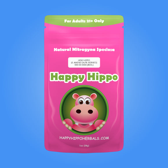 Product Image depicting a 1oz bag of Happy Hippo Blended Green Maeng Da and White Borneo Kratom Powder (Mitragyna Speciosa).