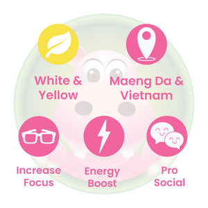 Infographic Details for Happy Hippo Pink Blended White Maeng Da and Yellow Vietnam kratom powder. Leaf color: White and Yellow. Kratom Strain Origin: Maeng Da and Vietnam. Kratom Effects resonate with Increased Focus, Energy Boost, Pro Social.