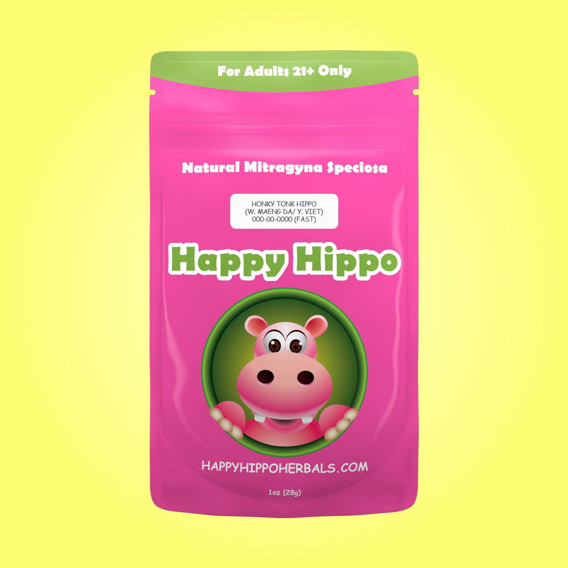 Product Image depicting a 1oz bag of Happy Hippo Blended White Maeng Da and Yellow Vietnam Kratom Powder (Mitragyna Speciosa). Also known as Honky Tonk Hippo.