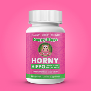 Product Image - Bottle of Happy Hippo Horny Hippo Capsules for Libido and improved sexual health. 