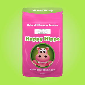 Product Image depicting a 1oz bag of Happy Hippo Blended Greey Maley & Yellow Maeng Da Kratom Powder (Mitragyna Speciosa).