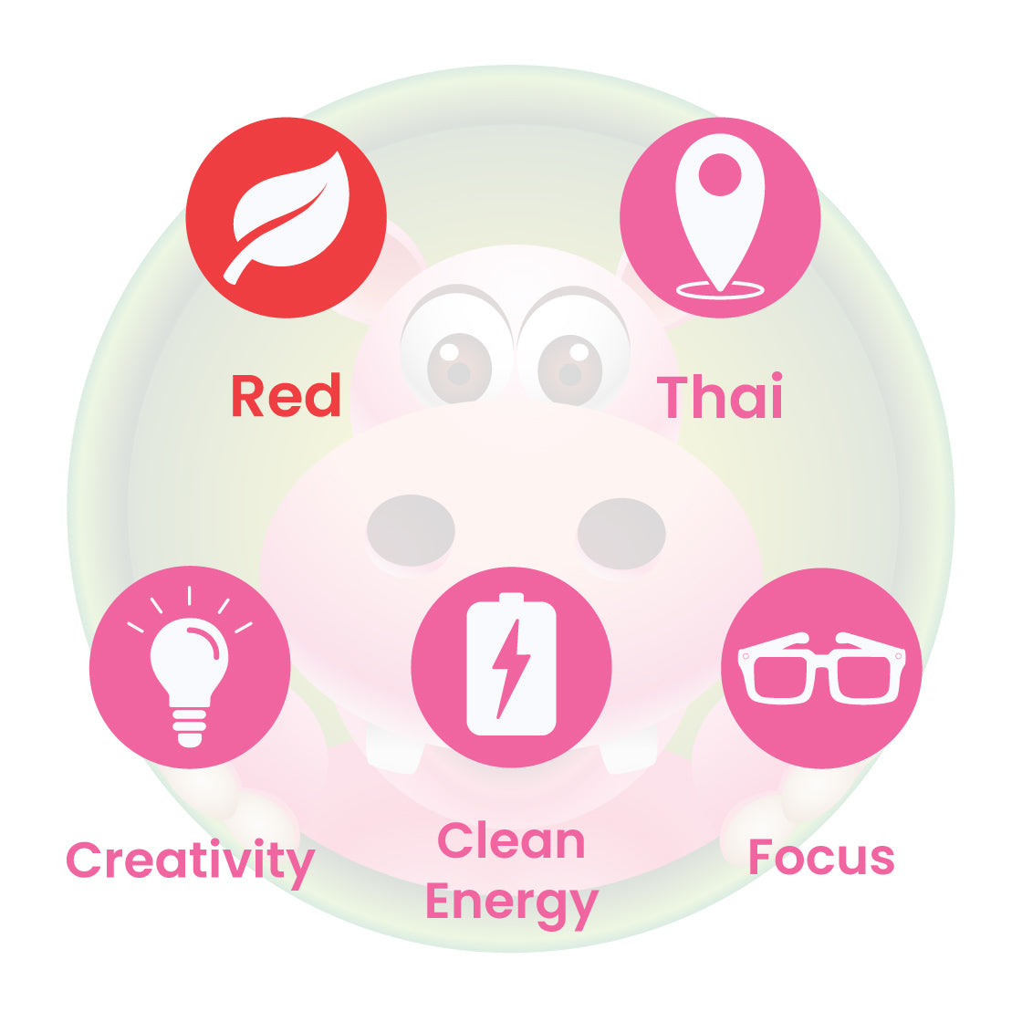 Infographic Details for Happy Hippo Red Vein Thai Kratom Powder. Leaf color: Red Vein. Kratom Strain Origin: Thai. Kratom Effects resonate with Increased Creativity, Clean Energy, and Focus.