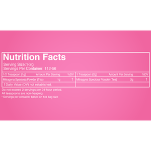 Botanical Facts for a one ounce bag of Happy Hippo Kratom Tea Powder. Serving size, 1 to 2 grams. 112 to 56 servings per container in a 1oz bag. 100% Mytragyna Speciosa Powder, no other ingredients. Do not exceed 2 servings per 24-hour period.