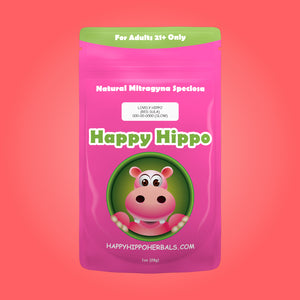 Product Image depicting a 1oz bag of Happy Hippo Red Vein Sula Kratom Powder (Mitragyna Speciosa).