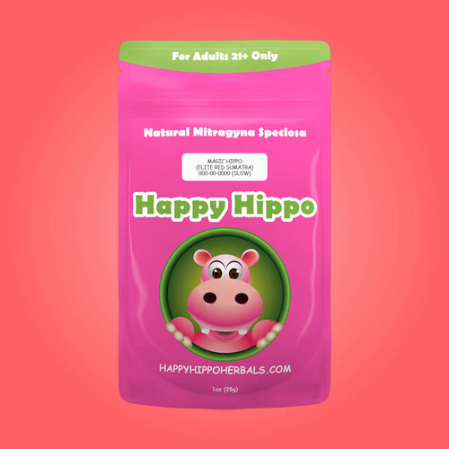 Product Image depicting a 1oz bag of Happy Hippo Red Vein Sumatra Kratom Powder (Mitragyna Speciosa).