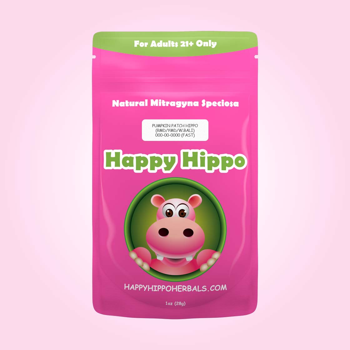 Product Image depicting a 1oz bag of Happy Hippo Blended Red Maeng Da, Yellow Maeng Da, and White Bali Kratom Powder (Mitragyna Speciosa). Pumpkin Patch Hippo.