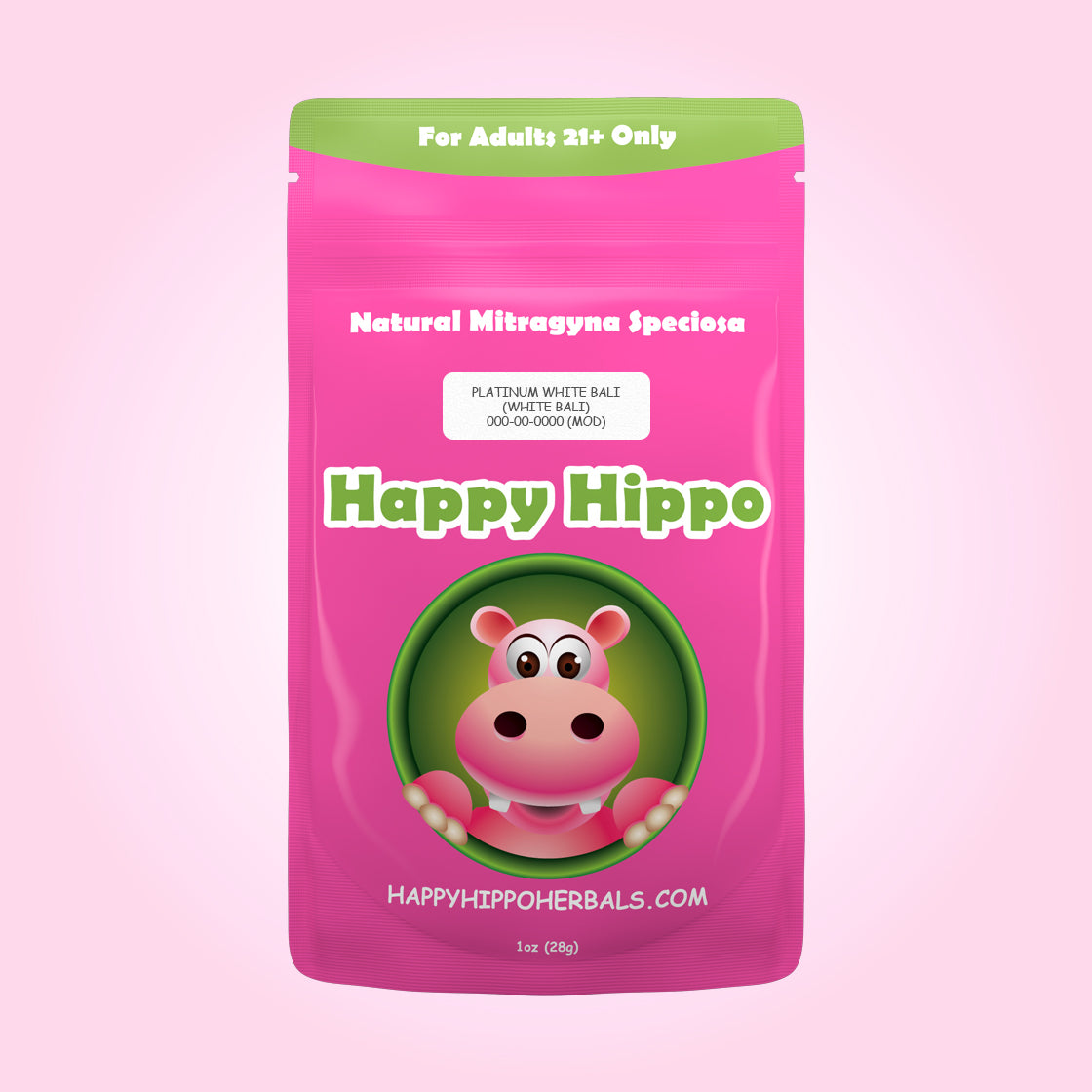 Product Image depicting a 1oz bag of Happy Hippo White Vein Bali Kratom Powder (Mitragyna Speciosa).