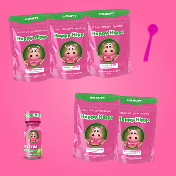Featured image depicting product renders of the Top Seller Kratom Strain Bundle, which includes; Green Borneo, Red Sumatra, Green Maeng Da, Red Bali, White Maeng Da kratom strains, on a pink background. A single Sour Apple flavor kratom energy shot (K-shot), and a 1-gram little pink measuring scoop sits next to the products.