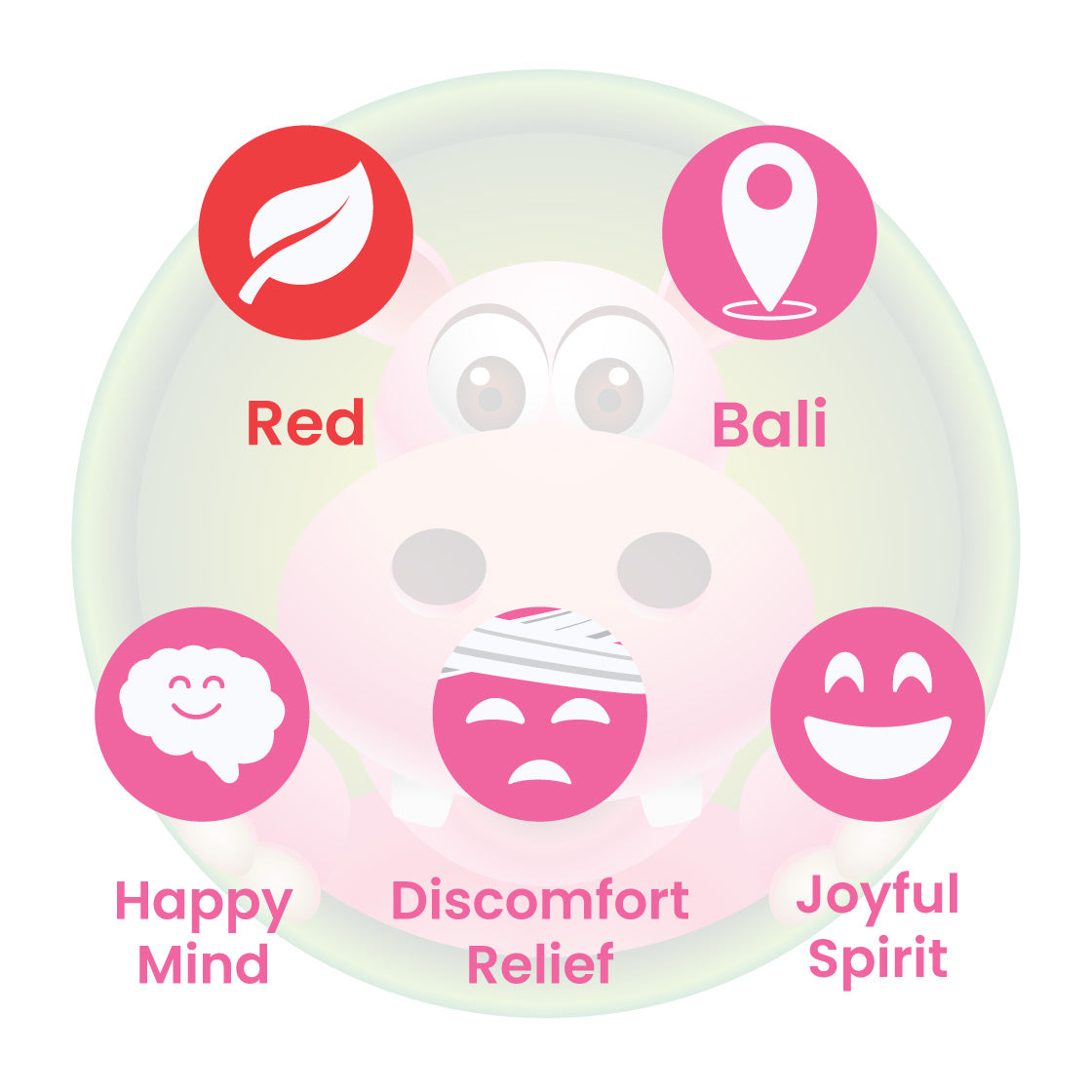 Infographic Details for Happy Hippo Red Vein Bali Kratom Powder. Leaf color: Red Vein. Kratom Strain Origin: Bali. Kratom Effects resonate with Happy Mind, Joyful Spirit, and Relief from Physical Discomfort.