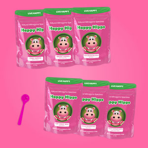 Featured image depicting product renders of  the Relaxation Kratom Strain Bundle, which includes; White Hulu, Red Sumatra, Red Bali, Green Bali, Gold Bali, Super Red Horned kratom strains, on a pink background. A 1-gram little pink measuring scoop sits next to the products.