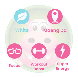 Infographic Details for Happy Hippo White Vein Maeng Da Kratom Powder. Leaf color: White Vein. Kratom Strain Origin: Maeng Da. Kratom Effects resonate with Focus, Workout Boost, and Super Energy.
