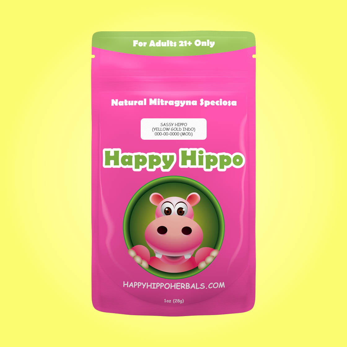 Product Image depicting a 1oz bag of Happy Hippo Yellow Vein Indo Kratom Powder (Mitragyna Speciosa).