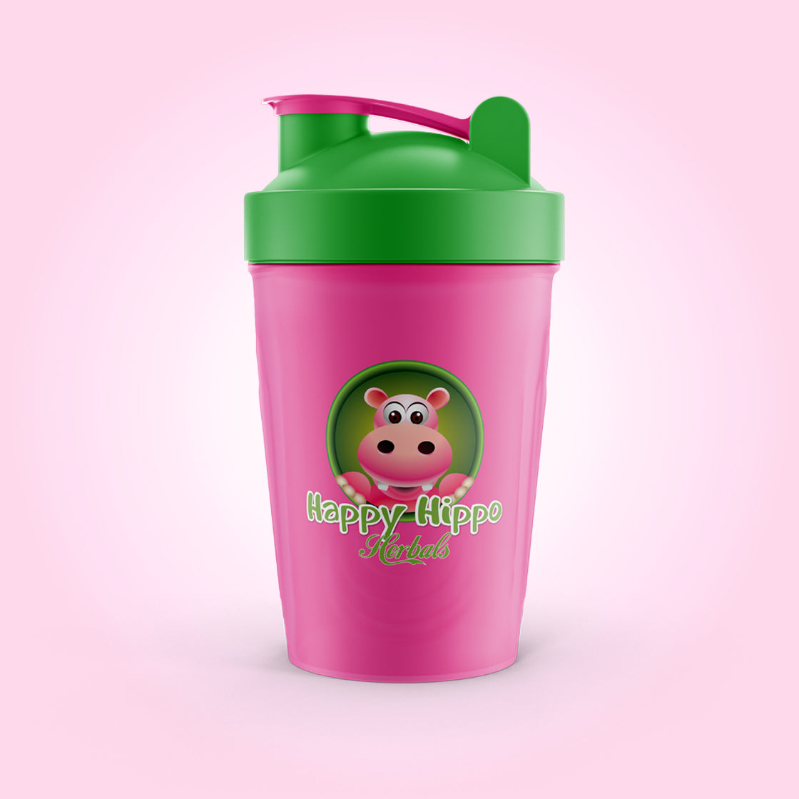 Product Image depicting a pink and green Shaker Bottle used to make blended drinks. The shaker bottle has a flip top closure, and the Happy Hippo Herbals logo  on the side.