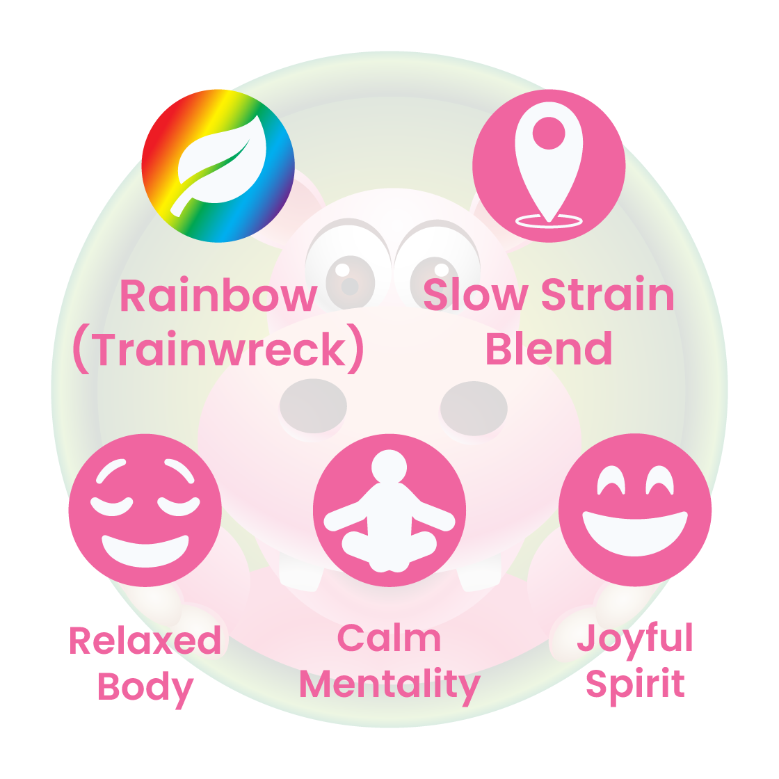 Infographic Details for Happy Hippo Blended Trainwreck Kratom Powder (Slow Rainbow). Leaf color: Rainbow. Kratom Strain Origin: Various. Kratom Effects resonate with a Relaxed Body, Calm Mentality, and Joyful Spirit..