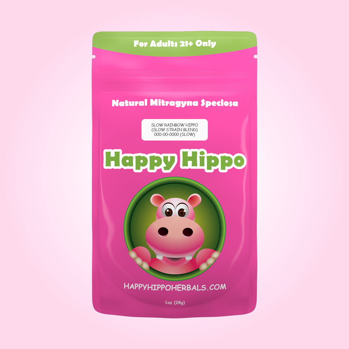 Product Image depicting a 1oz bag of Happy Hippo Blended Trainwreck Kratom Powder (Mitragyna Speciosa). Slow Rainbow.