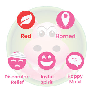 Infographic Details for Happy Hippo Red Horn Kratom Powder. Leaf color: Red Vein. Kratom Strain Origin: Horned Leaf. Kratom Effects resonate with Relief from Physical Discomfort, Joyful Spirit, and Happy Mind.