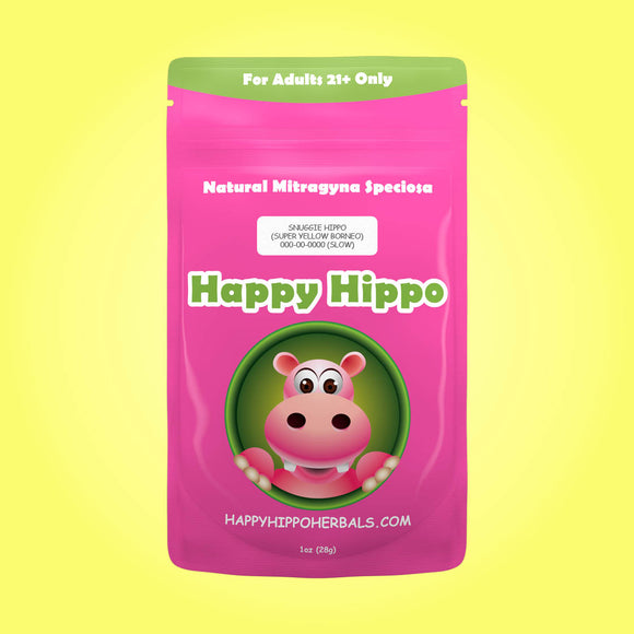 Product Image depicting a 1oz bag of Happy Hippo Yellow Vein Borneo Kratom Powder (Mitragyna Speciosa).