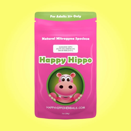 Product Image depicting a 1oz bag of Happy Hippo Yellow Vein Maeng Da Kratom Powder (Mitragyna Speciosa).