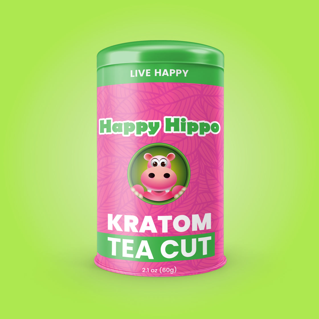 Product Image depicting a 2.1oz tin of Happy Hippo loose-leaf White Maeng Da Kratom Powder (Mitragyna Speciosa).