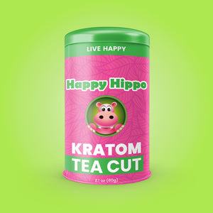 Product Image depicting a 2.1oz tin of Happy Hippo loose-leaf White Maeng Da Kratom Powder (Mitragyna Speciosa).